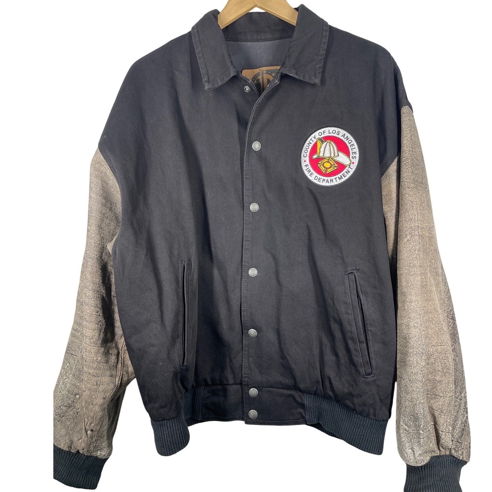 Vintage LA County Fire Dept Varsity Jacket Black Grey Mens Medium